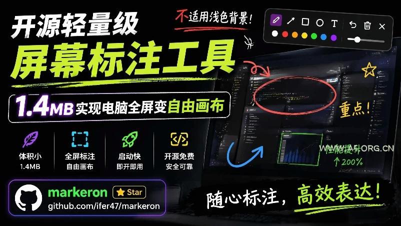 开源轻量级屏幕标注工具,1.4MB实现电脑全屏变自由画布!支持8种标注工具和全键盘操控MarkerOn-小红泡