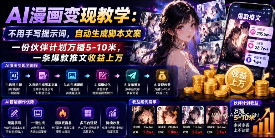 AI漫画变现教学：不用手写提示词，自动生成脚本文案，一份伙伴计划万播5-10米，一条爆款推文收益上W-小红泡