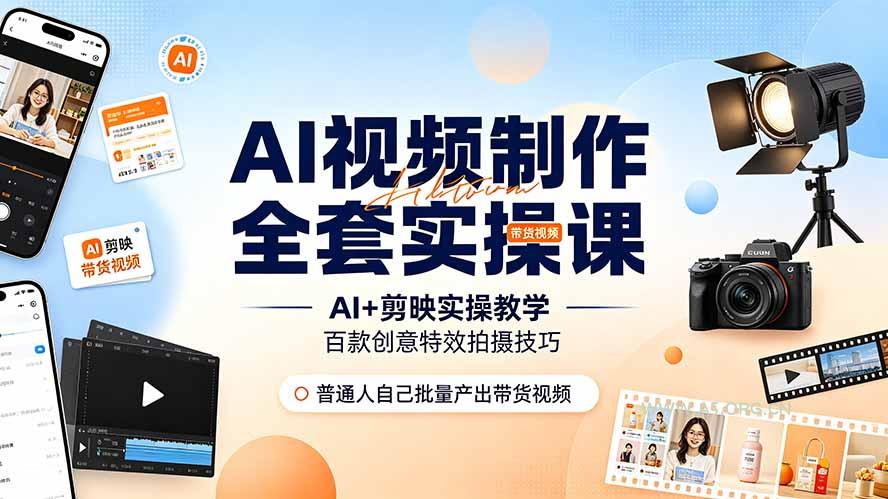 AI视频制作全套实操课,多款AI工具搭配剪映教学,百种特效运镜拍摄实操,抖音账号带货运营全覆盖-小红泡