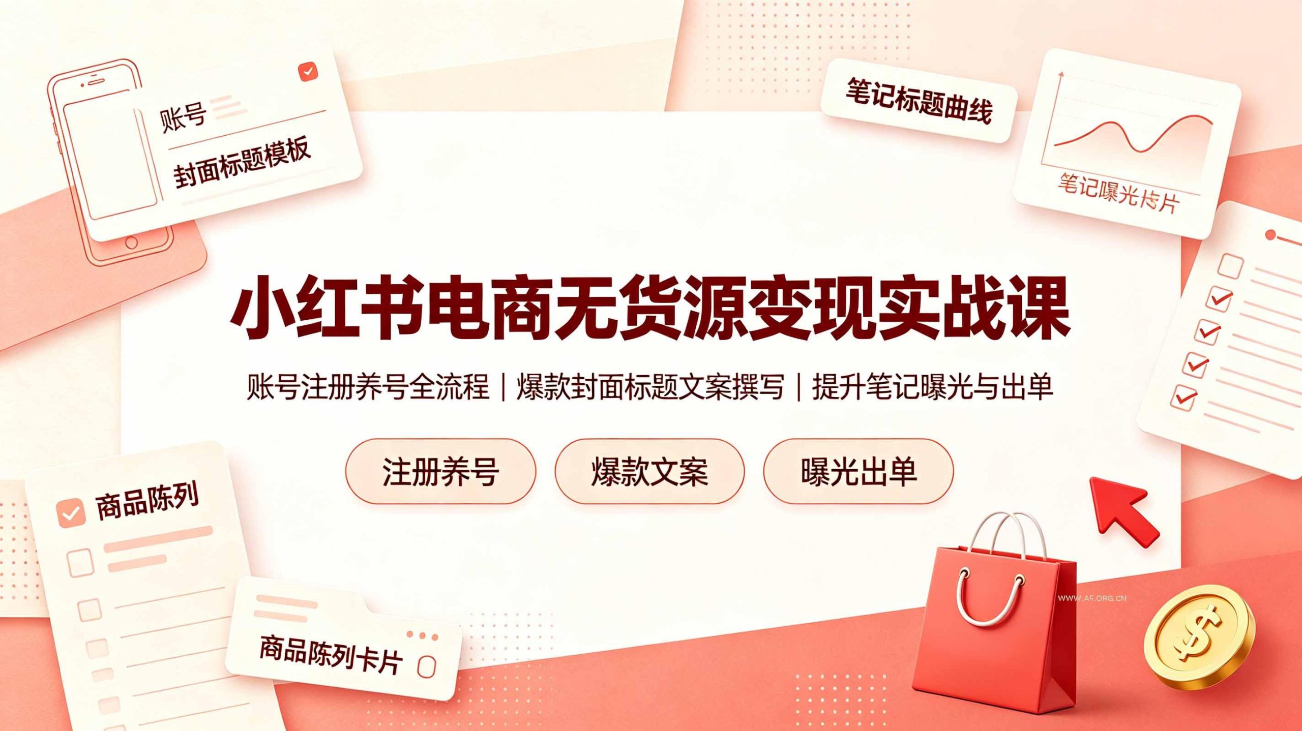 小红书电商无货源变现实战课,账号注册养号全流程,爆款封面标题文案撰写提升笔记曝光与出单-小红泡