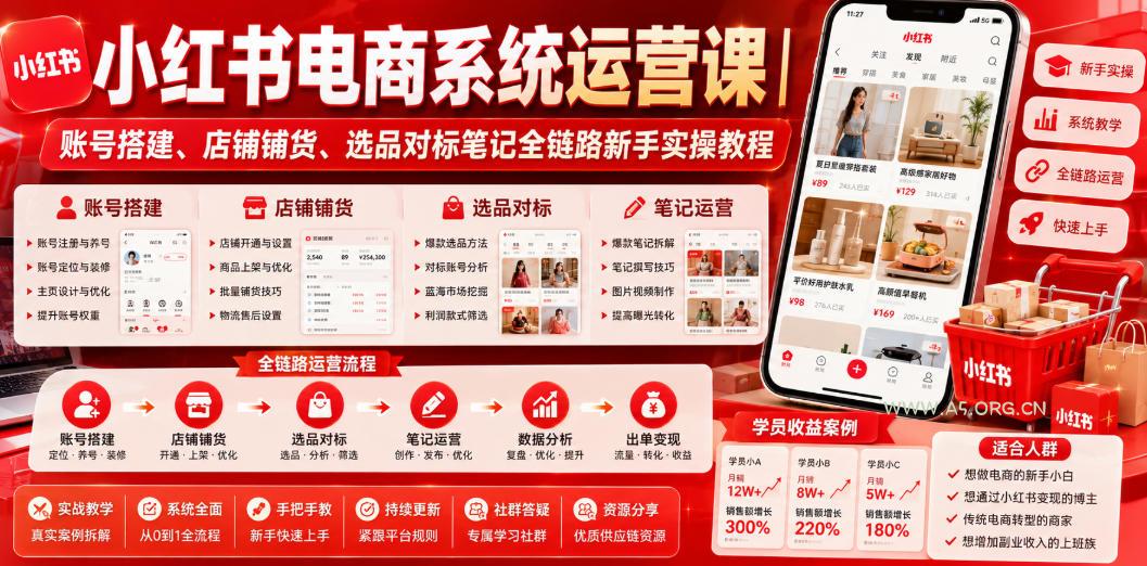 小红书电商系统运营课|账号搭建、店铺铺货、选品对标笔记全链路新手实操教程-小红泡