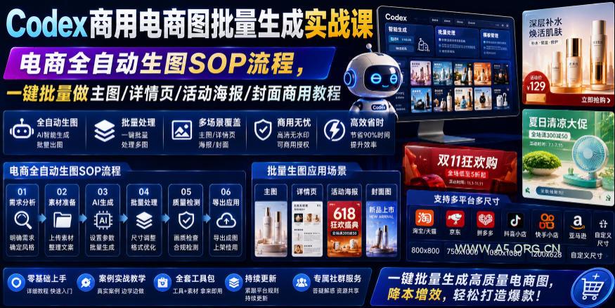 Codex商用电商图批量生成实战课|电商全自动生图SOP流程,一键批量做主图/详情页/活动海报/封面商用教程-小红泡