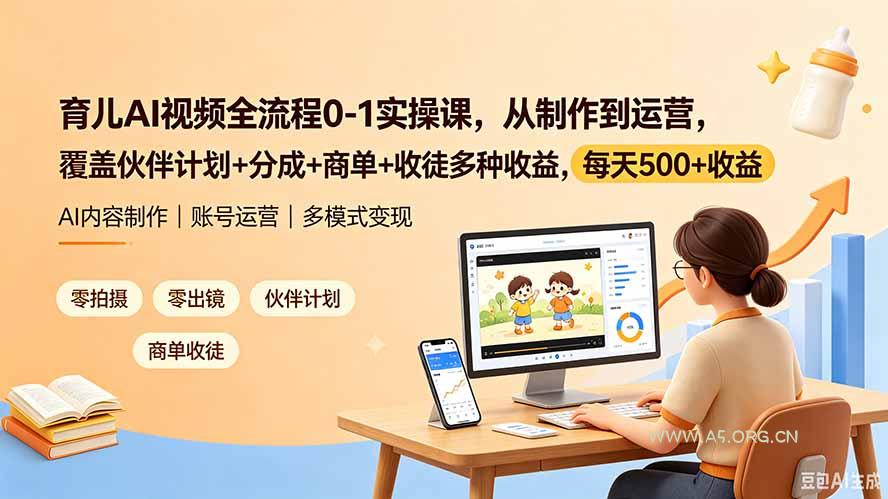 育儿AI视频全流程0-1实操课，从制作到运营，覆盖伙伴计划+分成+商单+收徒多种收益，每天500+收益-小红泡
