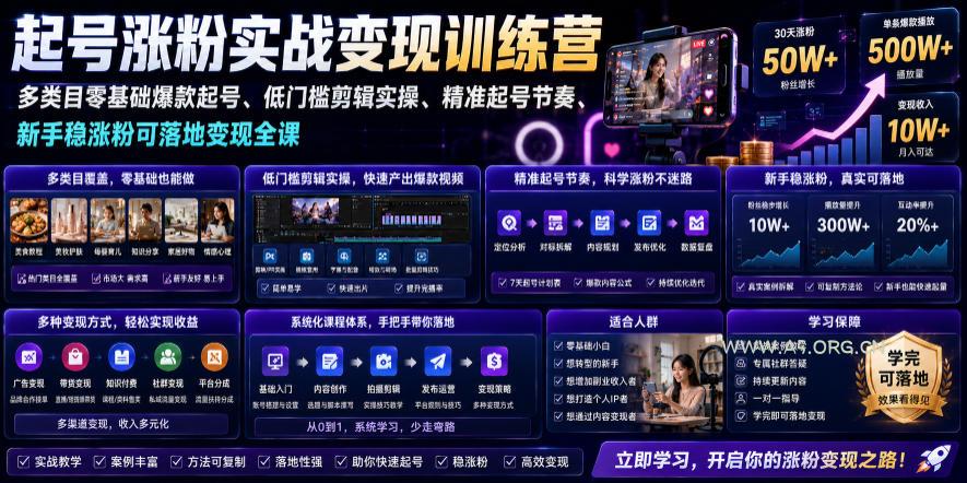 苗子起号涨粉实战变现训练营,多类目零基础爆款起号、精准起号节奏、新手稳涨粉可落地变现全课-小红泡