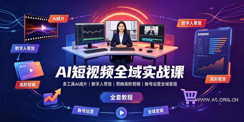 AI短视频全域实战课｜多工具AI成片、数字人带货、剪映高阶剪辑、账号运营全域变现全套教程-小红泡