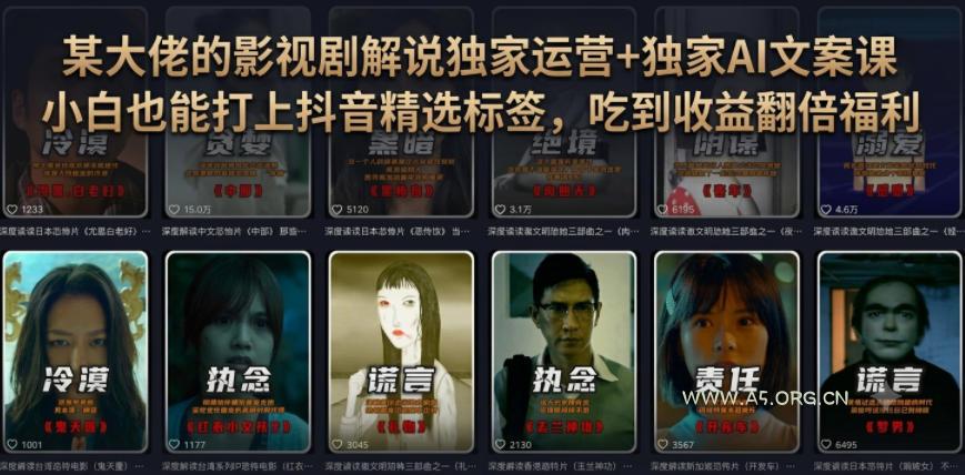 某大佬的影视剧解说独家运营+独家AI文案课，小白0粉丝也能快速打上抖音精选标签、吃到收益翻倍福利-小红泡