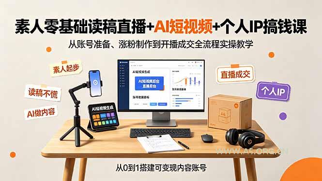 素人零基础读稿直播+AI短视频+个人IP搞钱课,从账号准备、涨粉制作到开播成交全流程实操教学-小红泡