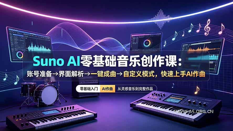 Suno AI零基础音乐创作课:账号准备→界面解析→一键成曲→自定义模式,快速上手AI作曲-小红泡