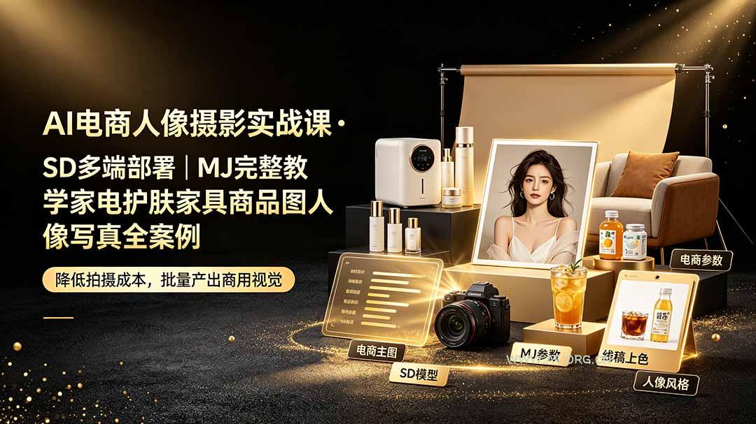AI电商人像摄影实战课·SD多端部署|MJ完整教学|家电护肤家具商品图人像写真全案例-小红泡