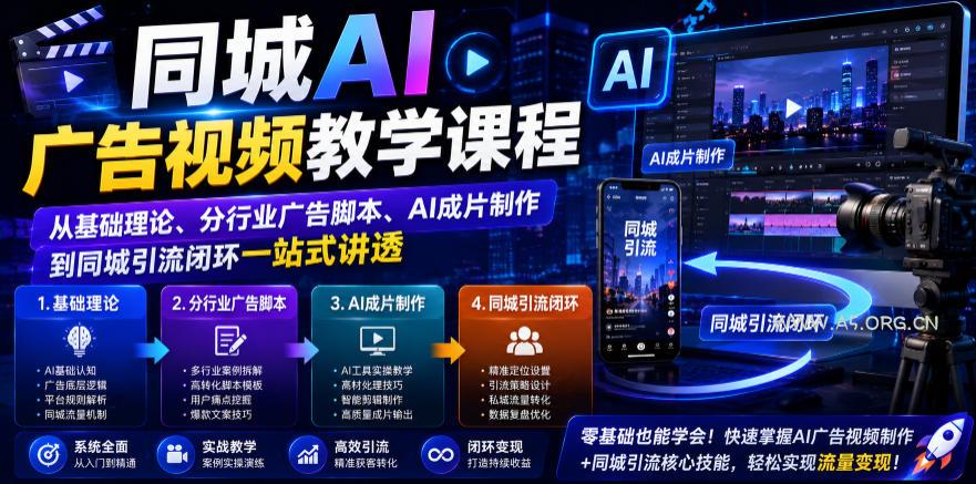 同城AI广告视频教学课程,从基础理论、分行业广告脚本、AI成片制作到同城引流闭环一站式讲透-小红泡