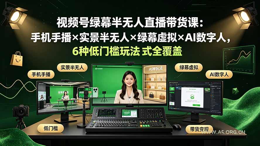 视频号绿幕半无人直播带货课:手机手播×实景半无人×绿幕虚拟×AI数字人,6种低门槛玩法全覆盖-小红泡