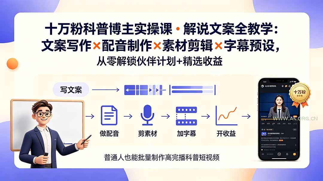 10万粉科普博主实操课-解说文案全教学:文案写作×配音制作×素材剪辑×字幕预设,从零解锁伙伴计划+精选收益-小红泡