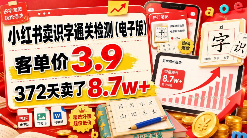 小红书卖识字通关检测(电子版),客单价3.9,372天卖了8.7w+-小红泡