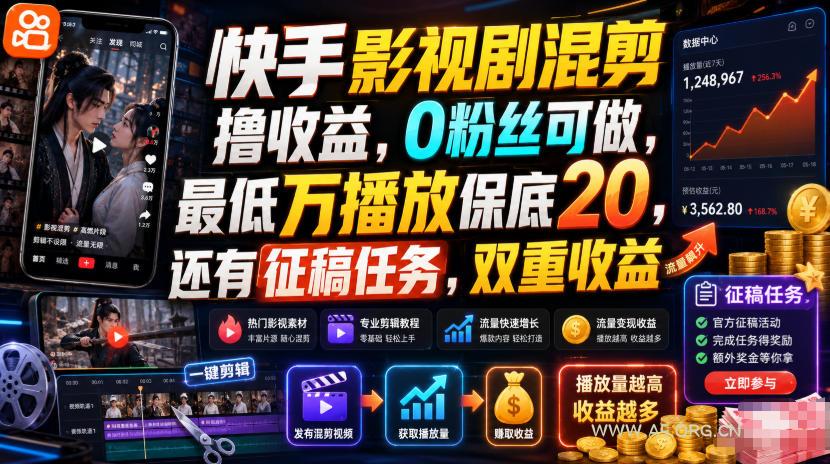 快手影视剧混剪撸收益,0粉丝可做,最低万播放保底20,还有征稿任务,双重收益-小红泡