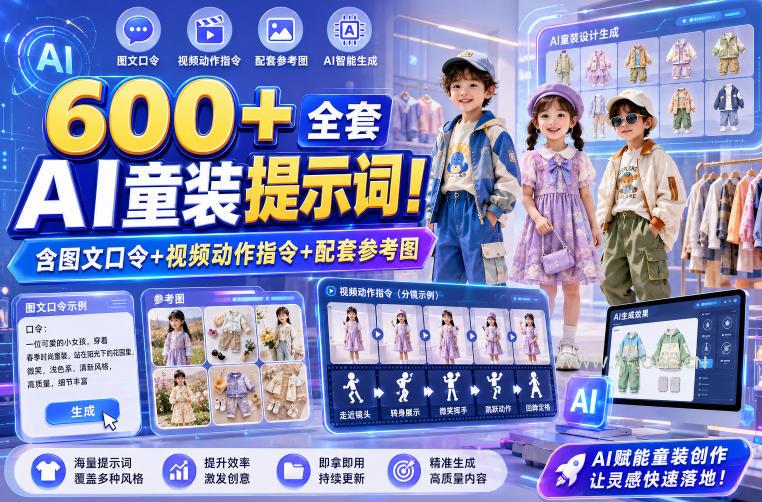 600+全套AI童装提示词!含图文口令+视频动作指令+配套参考图,Word-Excel规整分类,童装电商、种草无脑量产内容!-小红泡