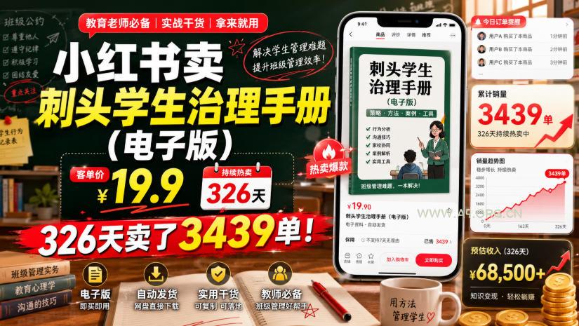 小红书卖刺头学生治理手册(电子版),客单价19.9,326天卖了3439单!-小红泡