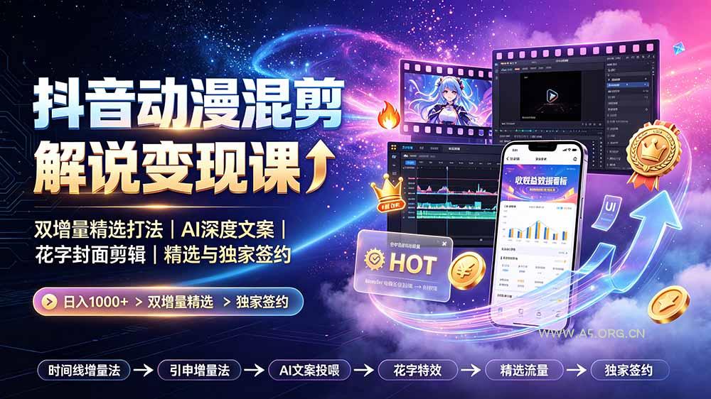 抖音动漫混剪解说变现课:双增量精选打法|AI深度文案|花字封面剪辑| 精选与独家签约日入1000+-小红泡