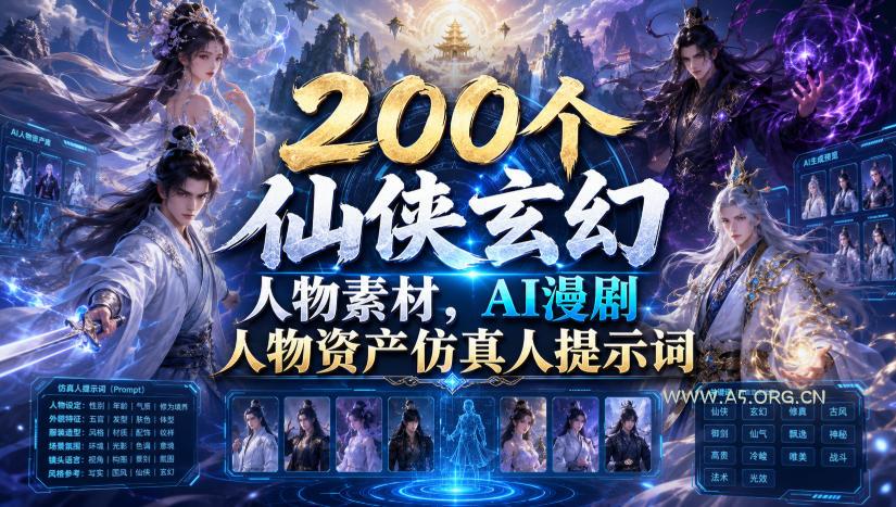200个仙侠玄幻人物素材,AI漫剧人物资产仿真人提示词-小红泡