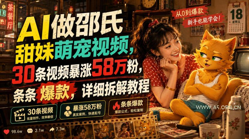 AI做邵氏甜妹萌宠视频,30条视频暴涨58万粉,条条爆款,详细拆解教程-小红泡