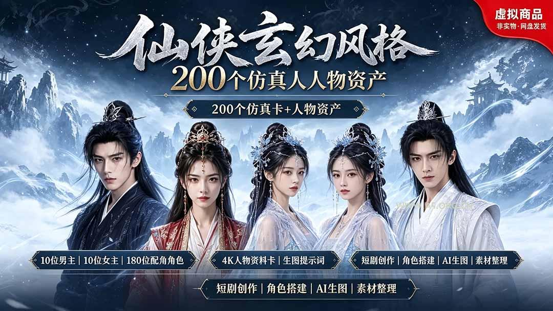 200个仙侠玄幻仿真人素材◆10男主×10女主×180配角,4K资料卡+AI生图提示词,漫剧必备-小红泡