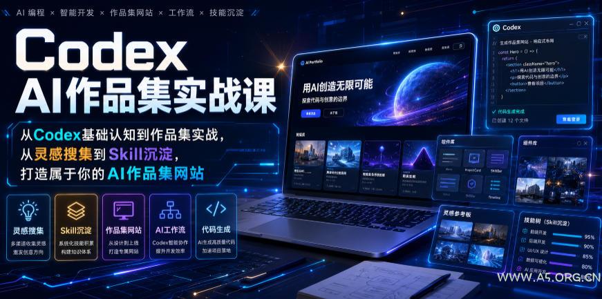 Codex AI作品集实战课,从Codex基础认知到作品集实战,从灵感搜集到Skill沉淀,打造属于你的AI作品集网站-小红泡
