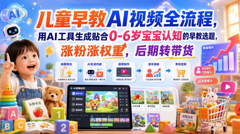 儿童早教AI视频全流程,用AI工具生成贴合0-6岁宝宝认知的早教选题,涨粉涨权重,后期转带货-小红泡