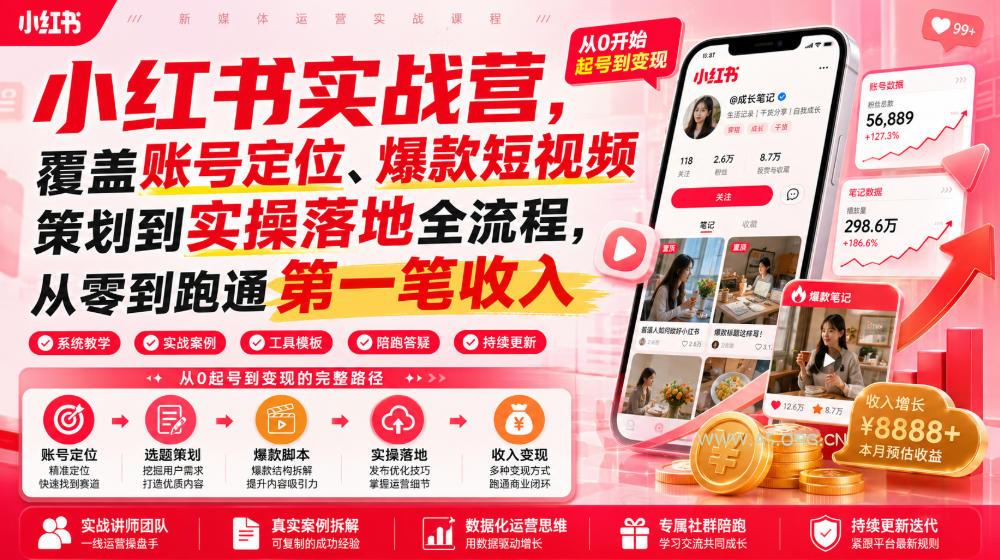 小红书实战营，覆盖账号定位、爆款短视频策划到实操落地全流程，从零到跑通第一笔收入-小红泡