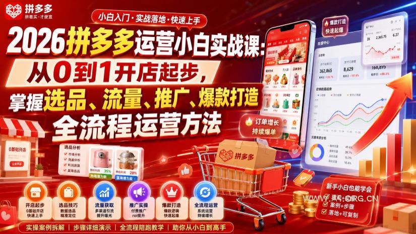 2026拼多多运营小白实战课：从0到1开店起步，掌握选品、流量、推广、爆款打造全流程运营方法-小红泡