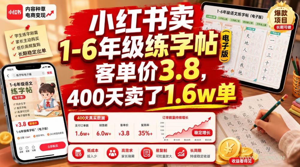 小红书卖1-6年级练字帖(电子版)，客单价3.8，400天卖了1.6w单-小红泡