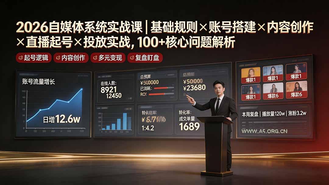 2026自媒体系统实战课|基础规则×账号搭建×内容创作×直播起号×投放实战,100+核心问题解析-小红泡