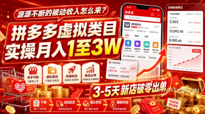 源源不断的被动收入怎么来？拼多多虚拟类目实操月入1至3W，3-5天新店破零出单-小红泡