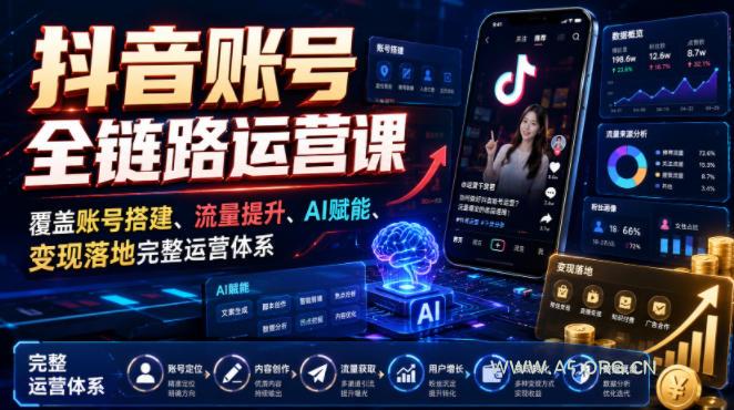 抖音账号全链路运营课，覆盖账号搭建、流量提升、AI赋能、变现落地完整运营体系-小红泡