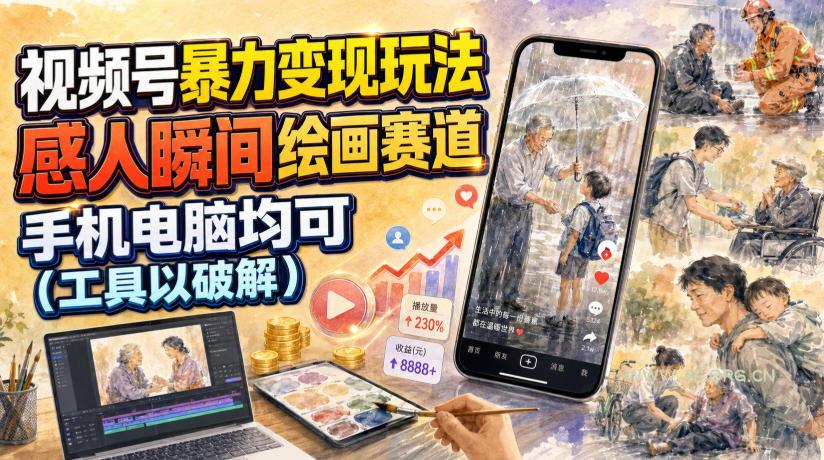 视频号暴力变现玩法，感人瞬间绘画赛道，手机电脑均可-小红泡