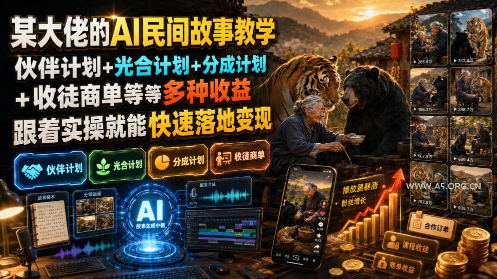 某大佬的AI民间故事教学,伙伴计划+光合计划+分成计划+收徒商单等多种收益,跟着实操就能快速落地变现-小红泡