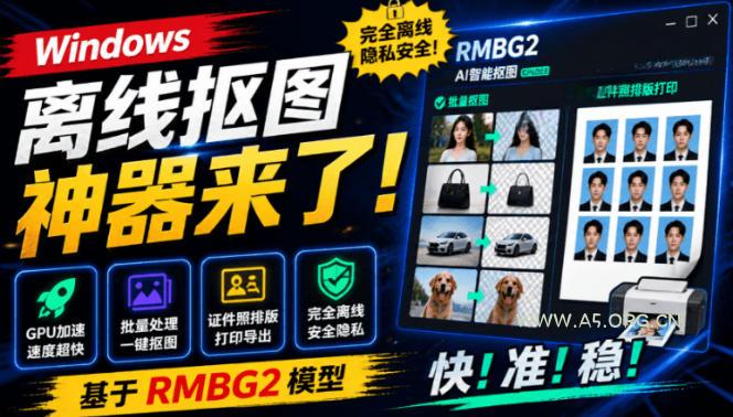 Windows离线抠图神器来了!支持批量抠图+证件照排版打印,基于RMBG2模型,GPU加速方块AI抠图-小红泡