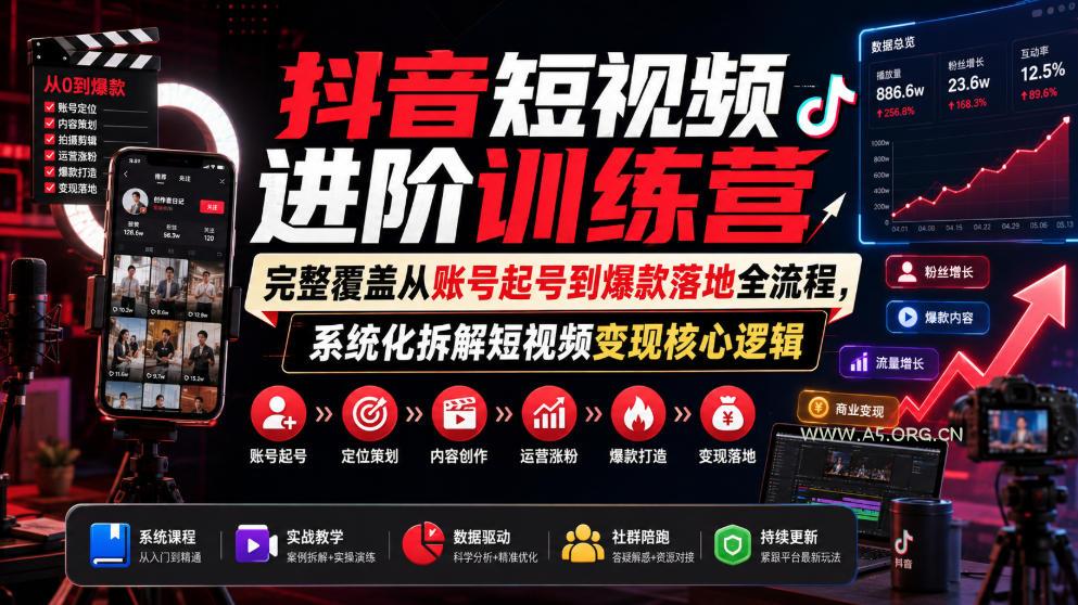抖音短视频进阶训练营，完整覆盖从账号起号到爆款落地全流程，系统化拆解短视频变现核心逻辑-小红泡