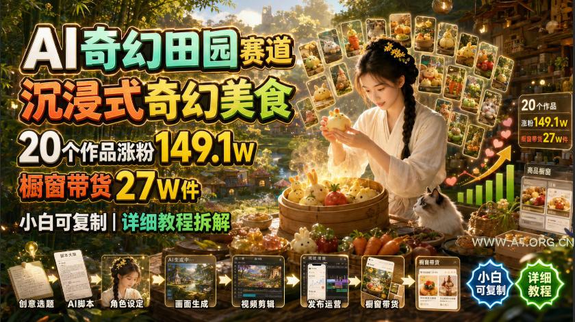 AI奇幻田园赛道,沉浸式奇幻美食,20个作品涨粉149.1W,橱窗带货27W件,小白可复制,详细教程拆解-小红泡
