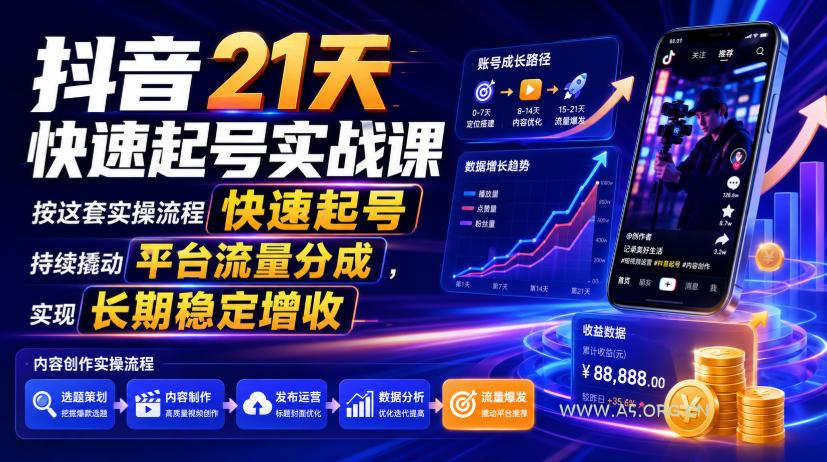 抖音21天快速起号实战课，按这套实操流程快速起号，持续撬动平台流量分成，实现长期稳定增收-小红泡