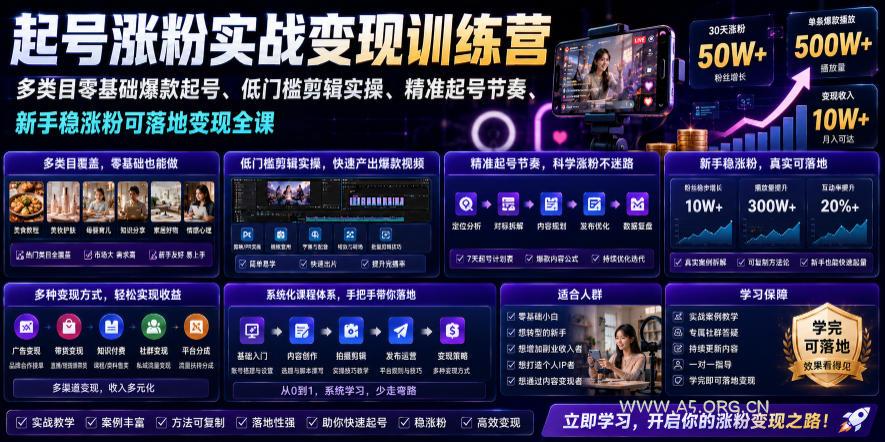 苗子起号涨粉实战变现训练营,多类目零基础爆款起号、精准起号节奏、新手稳涨粉可落地变现全课(更新0719)-小红泡