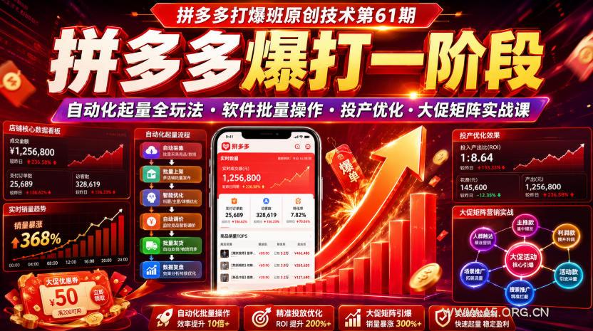 拼多多打爆班原创技术第61期，拼多多爆打一阶段，自动化起量全玩法・软件批量操作・投产优化・大促矩阵实战课-小红泡