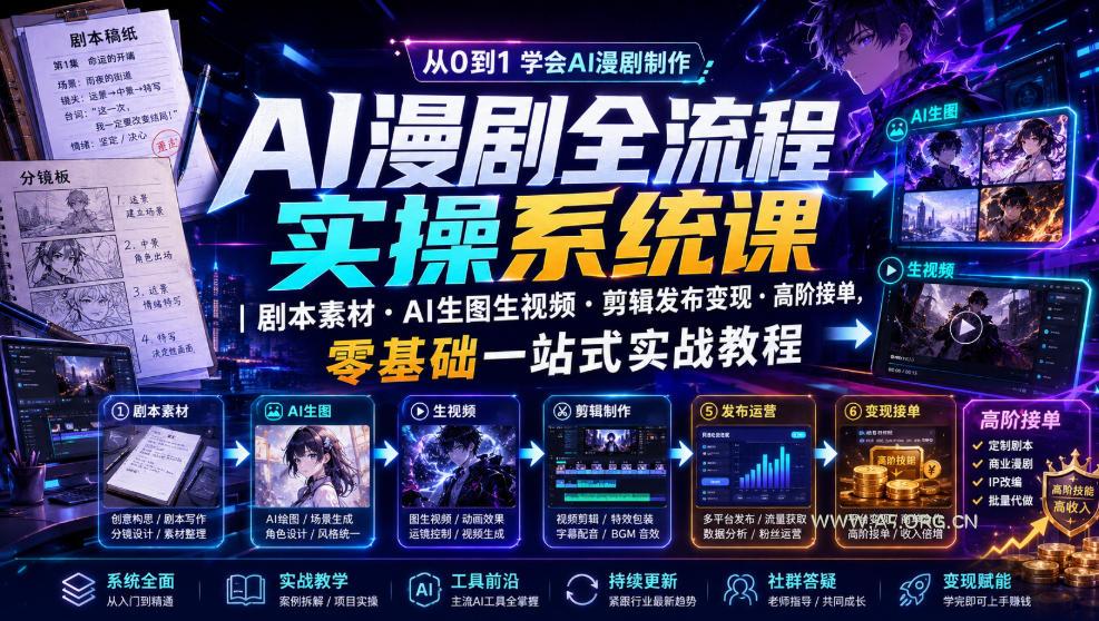 AI漫剧全流程实操系统课|剧本素材・AI生图生视频・剪辑发布变现・高阶接单,零基础一站式实战教程-小红泡