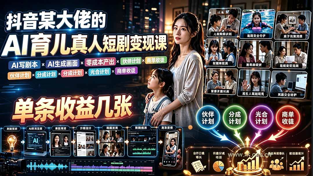 AI育儿真人短剧变现课:AI写剧本×AI生成画面×零成本产出×伙伴计划×分成计划×光合计划×商单收徒-小红泡