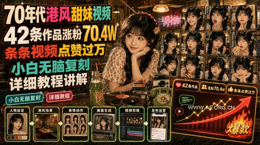 70年代港风甜妹视频,42条作品涨粉70.4W,条条视频点赞过万,小白无脑复刻,详细教程讲解-小红泡