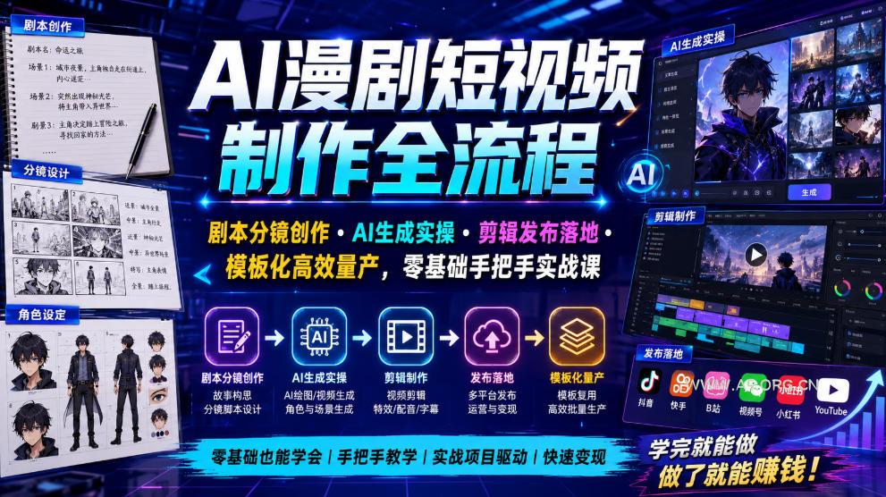 AI漫剧短视频制作全流程|剧本分镜创作・AI生成实操・剪辑发布落地・模板化高效量产,零基础手把手实战课-小红泡
