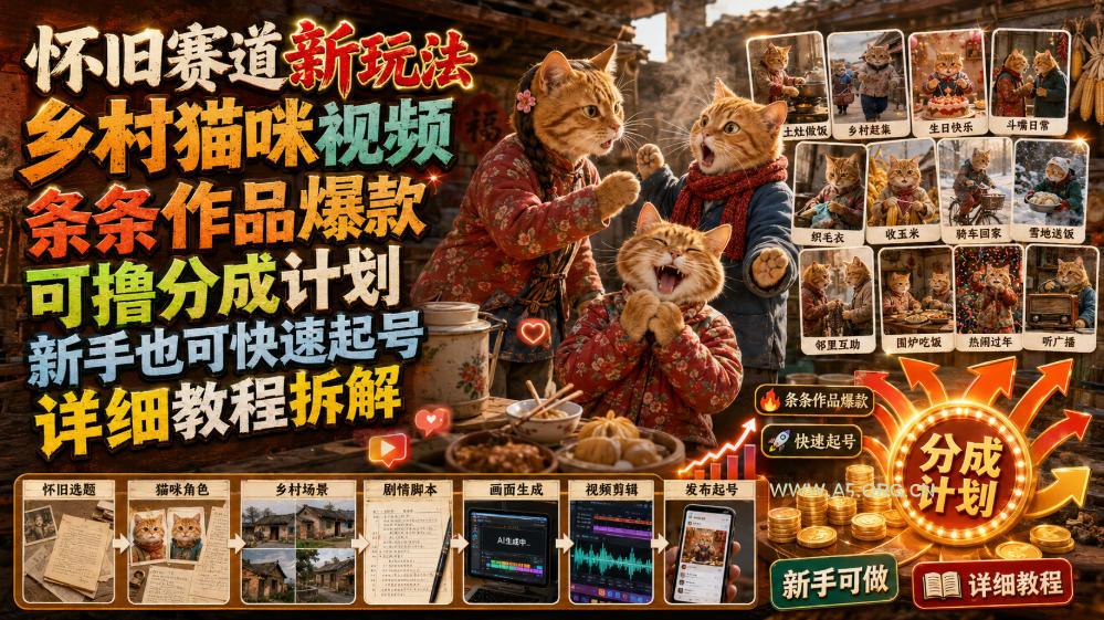 怀旧赛道新玩法，乡村猫咪视频，条条作品爆款，可撸分成计划，新手也可快速起号，详细教程拆解-小红泡