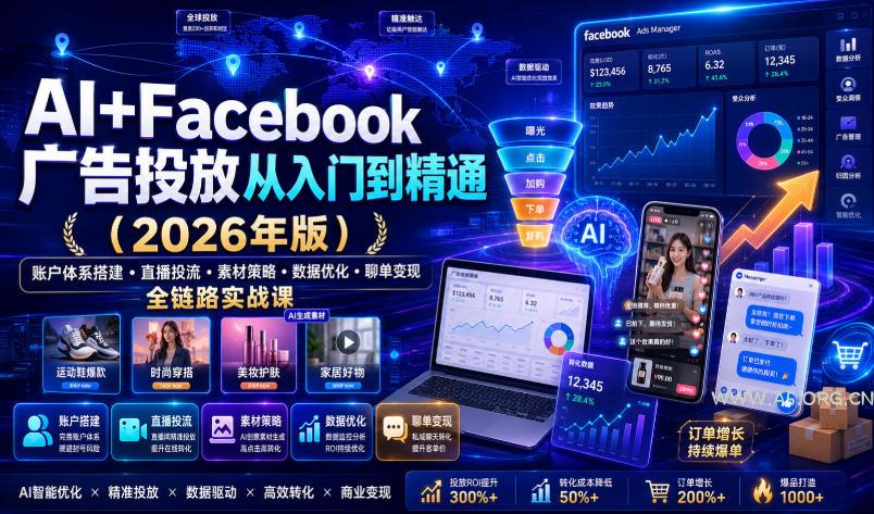 AI+Facebook广告投放从入门到精通(2026年版)|账户体系搭建・直播投流・素材策略・数据优化・聊单变现全链路实战课-小红泡