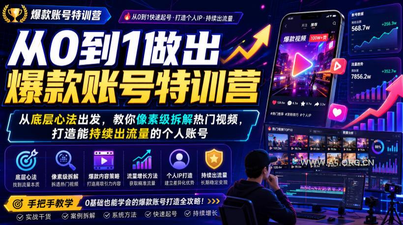 从0到1做出爆款账号特训营，从底层心法出发，教你像素级拆解热门视频，打造能持续出流量的个人账号-小红泡