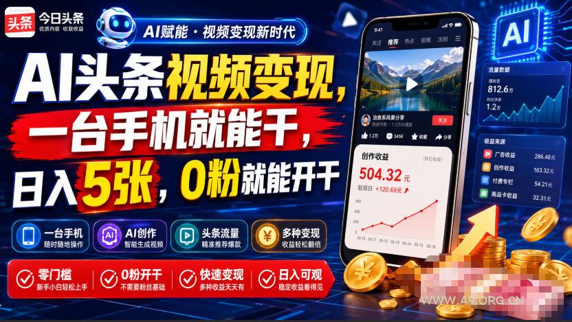 AI头条视频变现，一台手机就能干，日入5张，0粉就能开干-小红泡