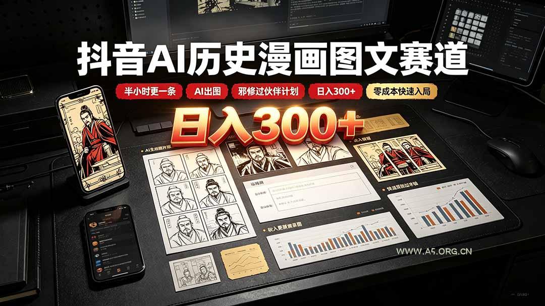 抖音AI历史漫画图文赛道：半小时更一条×AI出图×邪修过伙伴计划×日入300+，零成本快速入局-小红泡
