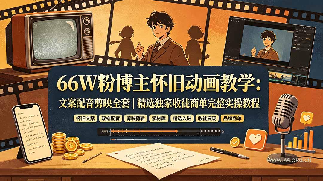 66W粉博主怀旧动画教学：文案配音剪映全套｜精选独家收徒商单完整实操教程-小红泡